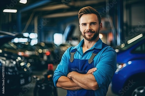 Handsome mechanic in uniform in auto repair shop
