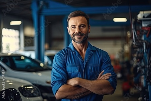 Handsome mechanic in uniform in auto repair shop