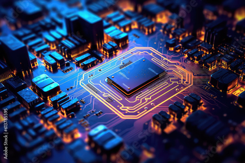 Electronic circuit chip board close up wallpaper. Blue gold colors background of computer motherboard. Generative AI 3d render illustration imitation.