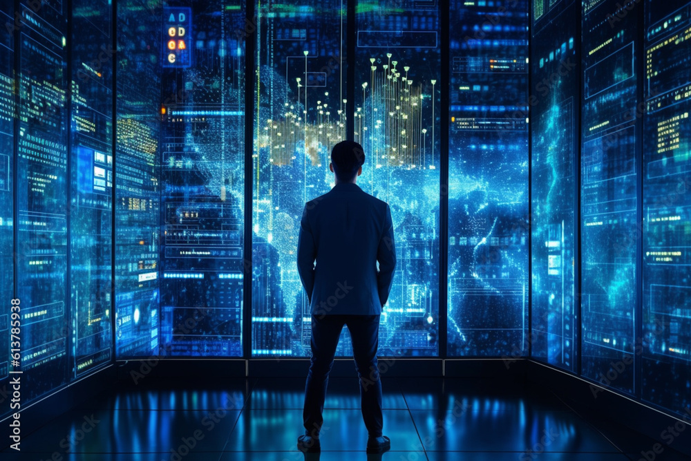 Data center and computer servers with information background. Generative Ai image illustration Data center and computer servers with information background. Generative Ai image illustration