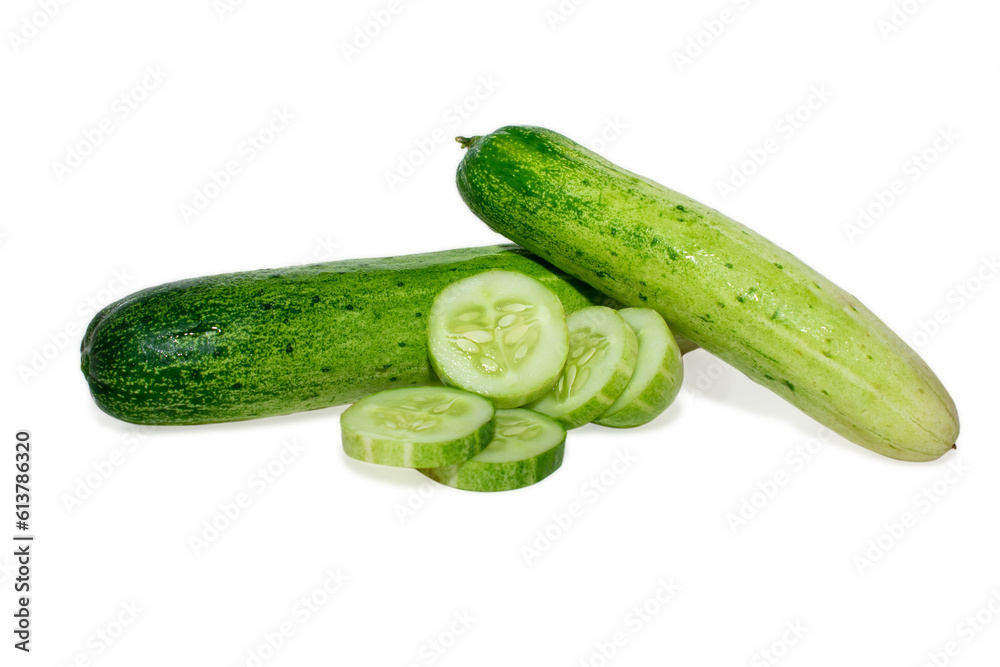 Cucumber and slices isolated on white background. Cucumber and slices isolated on white background.