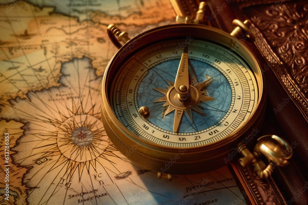 Vintage Compass Lying on an Old Map. Generative ai