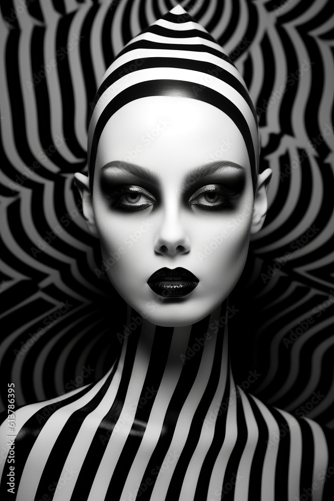 Illustration of a woman with bold black and white striped face paint. Pop Art and Op Art inspired imagery, created with Generative AI technology Illustration of a woman with bold black and white striped face paint. Pop Art and Op Art inspired imagery, created with Generative AI technology