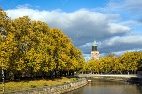 Riverside with church tower in autumn season, Turku, Finland