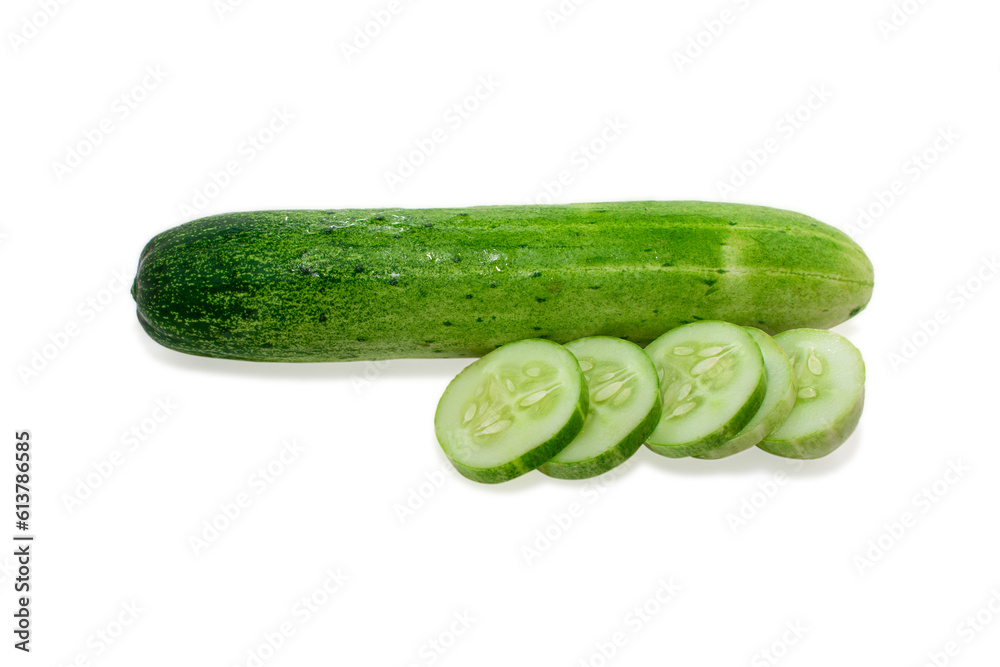 Cucumber and slices isolated on white background. Cucumber and slices isolated on white background.