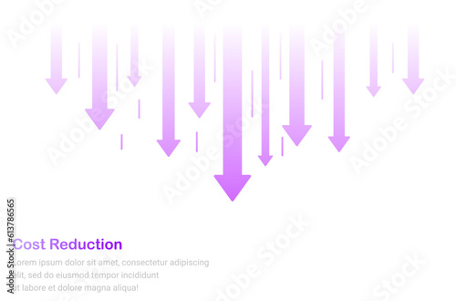 Cost reduction. Flat, pink, cost reduction banner, arrow indicates cost reduction. Vector illustration.