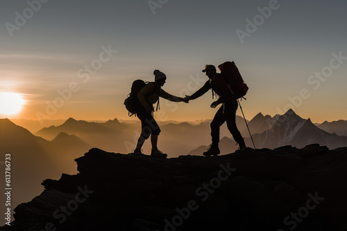 teamwork Help and assistance concept. Silhouettes of people climbing on mountain and helping