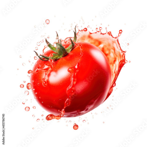 Isolated half of a tomato wrapped with a large splash of juice on cutout PNG transparent background. Generative AI photo