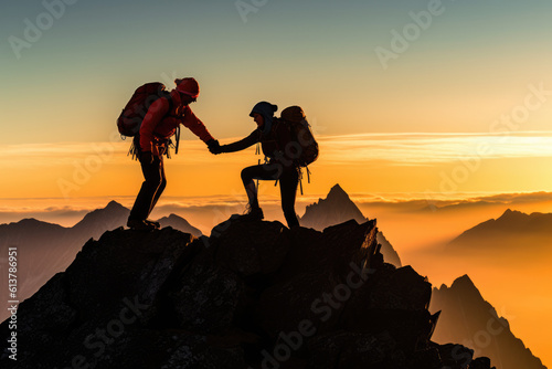 teamwork Help and assistance concept. Silhouettes of people climbing on mountain and helping © STORYTELLER