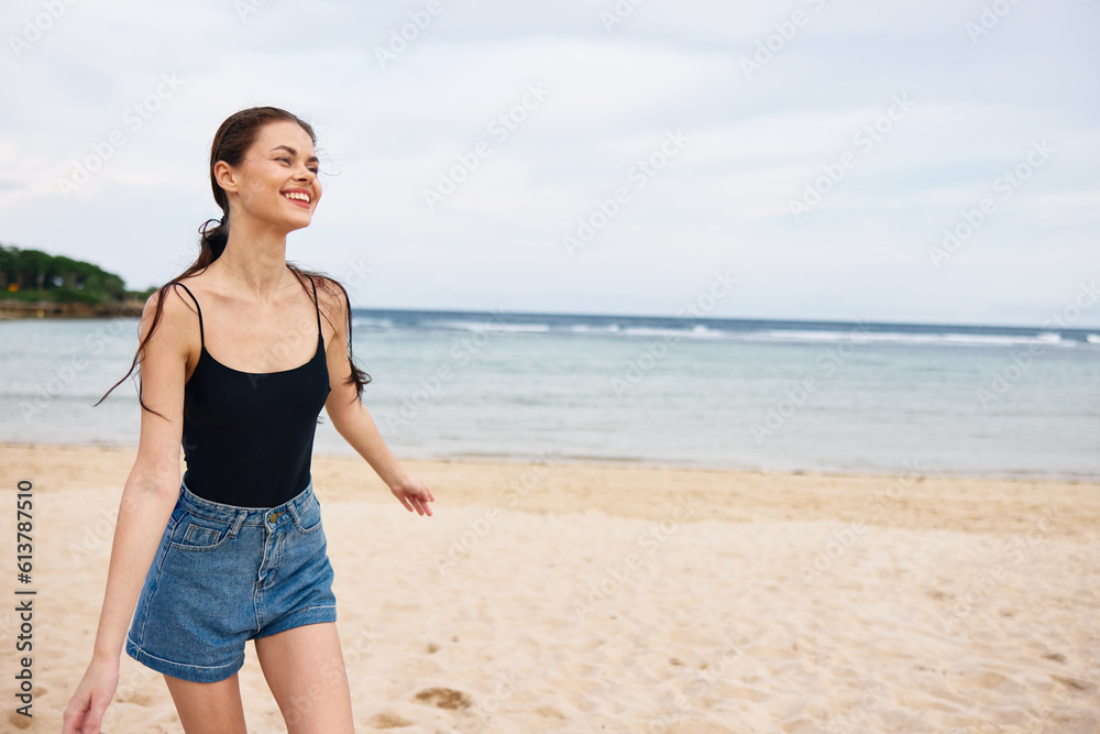 woman sexy young summer travel running beach smile sunset lifestyle sea