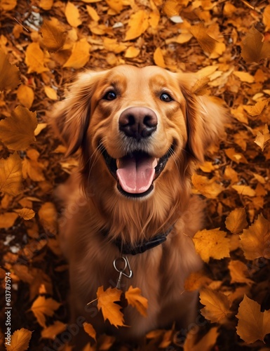 Golden Retriever Dog Relaxing in Autumn Leaves. Generative ai