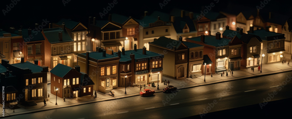 large street lights and houses in the city, in the style of miniature illumination, light gold and dark azure