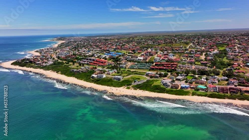 South Africa JBAY Jeffreys Bay aerial drone town home buildings most stunning white sand beach epic surf wave aqua blue rugged reef coastline daytime WSL Corona Open Supers Boneyard summer up circle photo