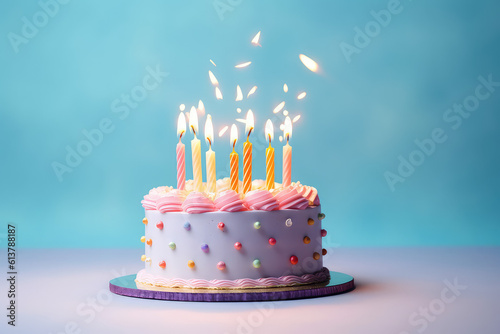 Cute birthday cake with sprinkles, burning candles and delicious cream, cake on a flat background in delicate pastel light colors with copy space. Generative AI