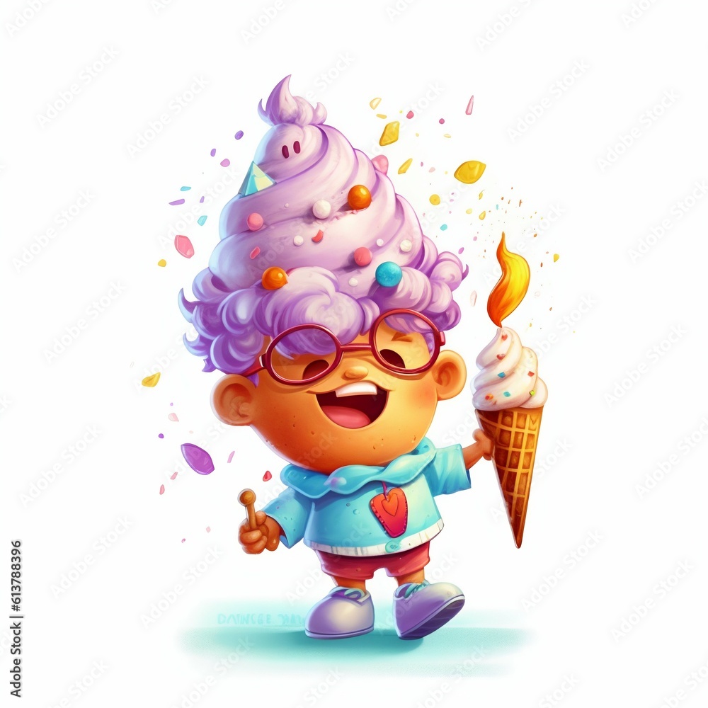 Cartoon Character Holding Soft Serve Ice Cream Cone with Sprinkles on White Background. Generative ai Cartoon Character Holding Soft Serve Ice Cream Cone with Sprinkles on White Background. Generative ai