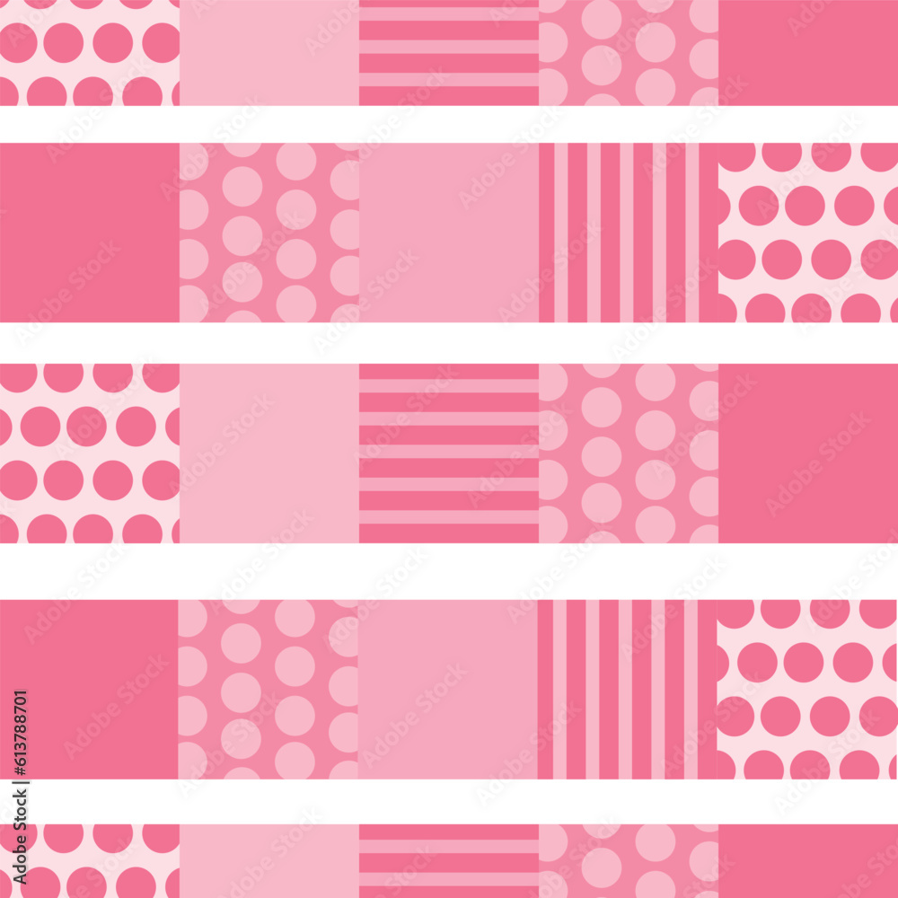 White pink stripes with dots seamless vector pattern. Pink patchwork stripes on white background.