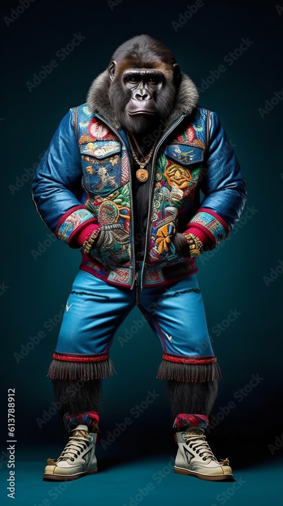 Gorilla Wearing Large Hip-Hop Clothes from 1980s and Sneakers. Generative ai
