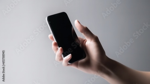 a photo of blank smartphone screen mock up on soft grey and black background with copy space generative ai