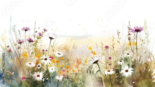beautiful landscape with colorful flowers painted in watercolor