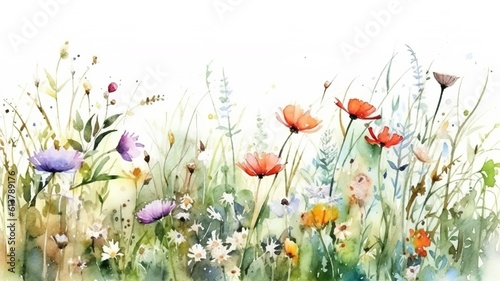 beautiful landscape with colorful flowers painted in watercolor © Sndor