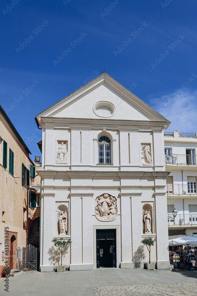 Santo Stefano al mare, Italy - June 11, 2023: Facade of the church in Santo Stefano al mare, Oratory of the Holy Christ