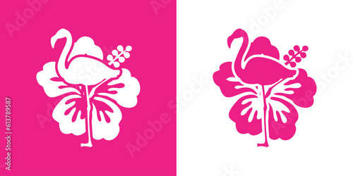 Logo vacaciones en paraíso tropical. Silueta de flamingo con flor de hibisco