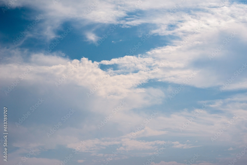Scattered cloud clusters in a blue sky, blue sky background with white clouds. Scattered cloud clusters in a blue sky, blue sky background with white clouds.