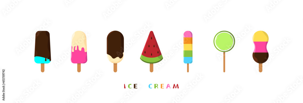 Ice cream of different shapes, colors and tastes. Ice cream set. Ice cream of different shapes, colors and tastes. Ice cream set.