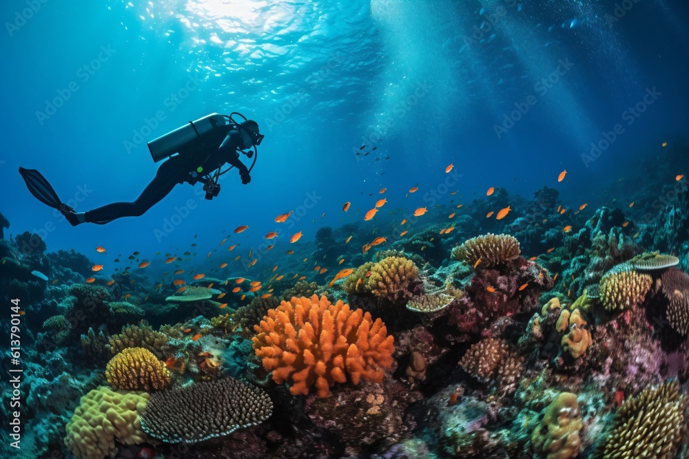 A scuba diver is floating gently through a vibrant coral reef, observing a bustling community of tropical fish in various colors and shapes . Generative AI