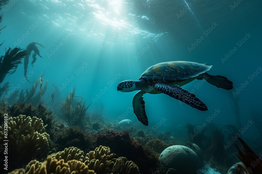 Obraz premium A lone diver hovering near a large sea turtle, both seeming to enjoy a moment of peace amid a kelp forest . Generative AI