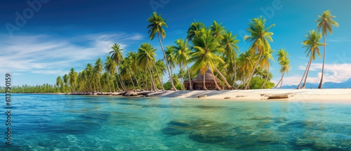 Beautiful tropical island with palm trees and beach panorama as background image 