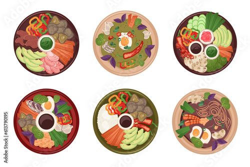 Set of Asian national dish top view. Japanese Food isolated. Chinese meal with meat, shiitake mushrooms, vegetables. Vector flat illustration for menu, delivery, café, restaurant. Cooking concept