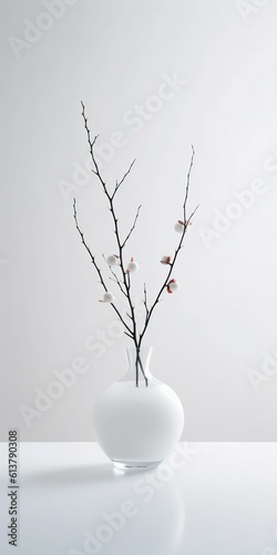 Twig in a Vase on White Background: Minimalism. Generative ai