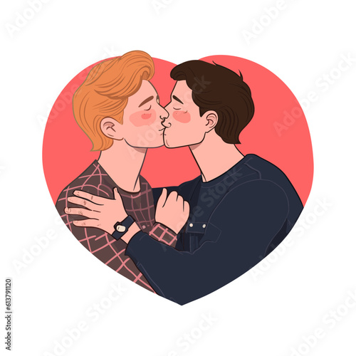 Vector two men gay kisses, LGBT love couple concept,hand drawn pride month flat illustration. Pride month. Valentines day cards template. Man kiss isolated on white