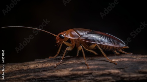 macro shot of an cockroach on a black background sitting on the wooden branch, generative ai © Saurav