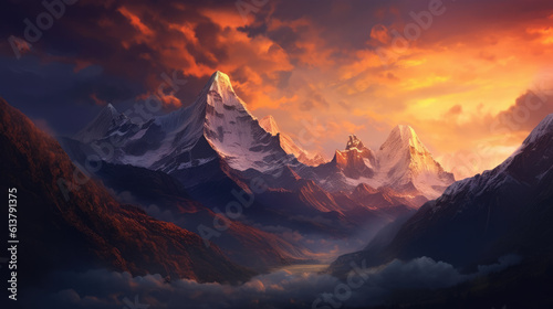 Sunrise at Annapurna mountains range Dramatic Himalayas peak at golden hour © STORYTELLER