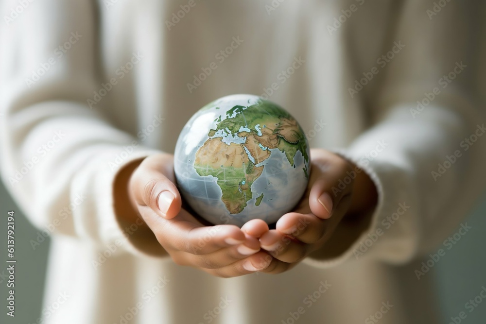 Woman's Hands Holding Earth Globe Model. Generative ai Woman's Hands Holding Earth Globe Model. Generative ai