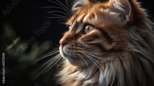 close up portrait of a fluffy cat in a bright sunny day while bieng in wildlife, generative ai