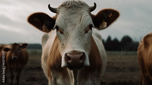 portrait of a cow in farm or field evening, generative ai