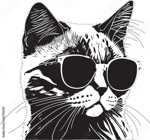 Portrait of Cat with sunglasses, shades. Vector art illustration. T-shirt design. t shirt design, black version