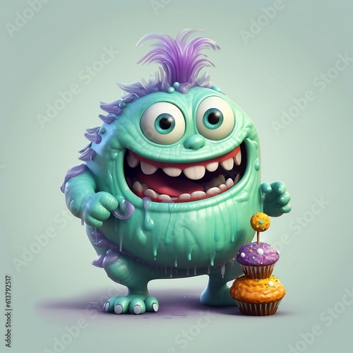 Blue funny monster eating sweets on white background