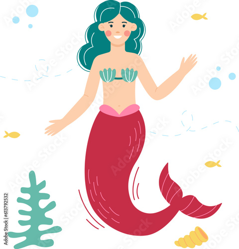 Cute mermaid with fish and shells. Vector illustrations for children, greeting cards