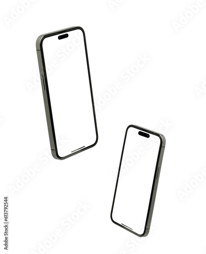 Mockup smart phone 14 with blank screen and modern frameless design in two rotated perspective positions - isolated on white background - Clipping Path photo