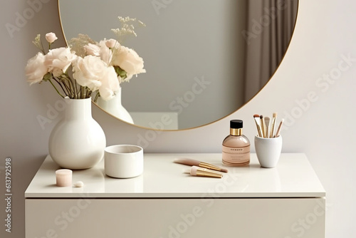 Foto Empty modern, minimal beige dressing table, gold handle drawer storage, twig gla