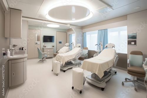Clean Modern Bright Patients  Hospital Room Interior with Beds. Generative ai