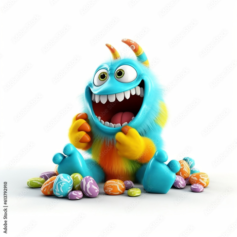 Cartoon blue monster eating tucker on white background