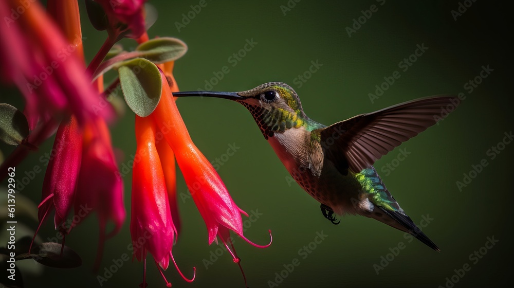 Naklejka premium hummingbird feeding on flower by generative ai