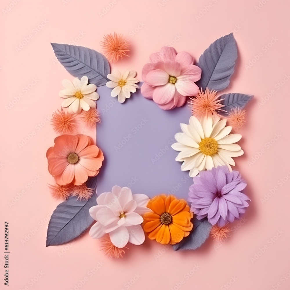 Creative layout made of flowers and leaves. Flat lay. Nature concept. Floral Greeting card. Colorful spring flower background, space for text. Nature Trendy Decorative Design.
