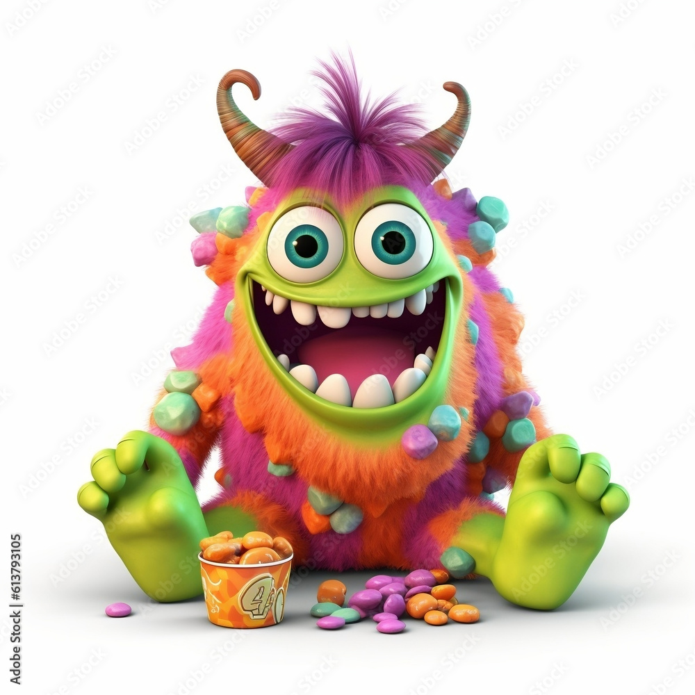 Cartoon color monster eating sweets and cackes on white background
