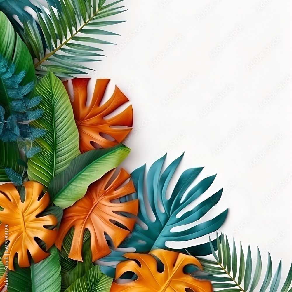 Naklejka premium Creative layout made of colorful tropical leaves on white background. Minimal summer exotic concept with copy space. Border arrangement.